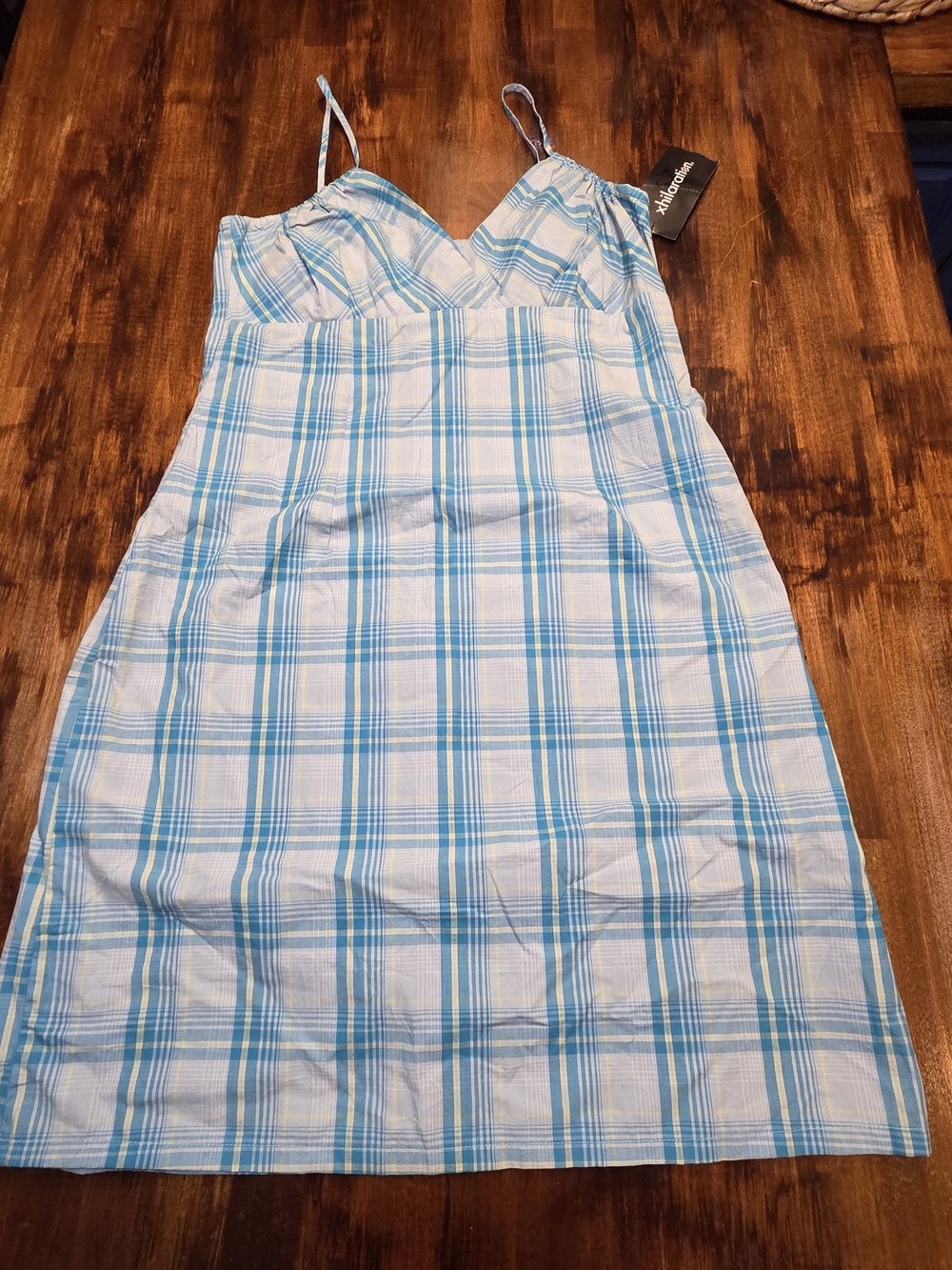 Vintage Xhilaration Babydoll Dress Blue/Green L Seersucker Plaid Retro Y2K